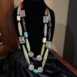 Multicolor large Bead Necklace with Silver Accents